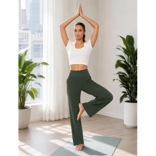 DLOODA High Waist Yoga Wide Leg Pants with Pockets, Olive Green, view 3