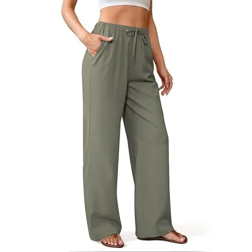 DLOODA High Waist Work Linen Palazzo Pants, Army Green, view 2
