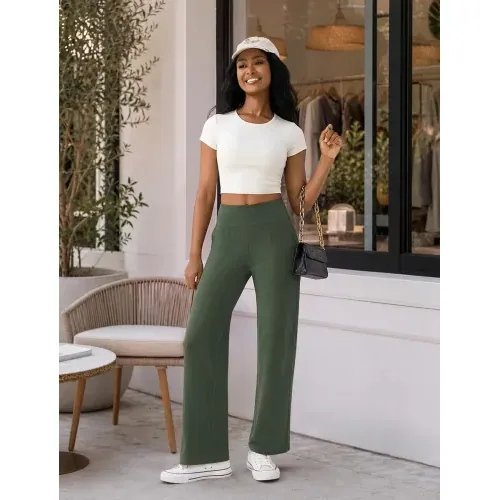 DLOODA High Waist Yoga Wide Leg Pants with Pockets, Olive Green, view 5