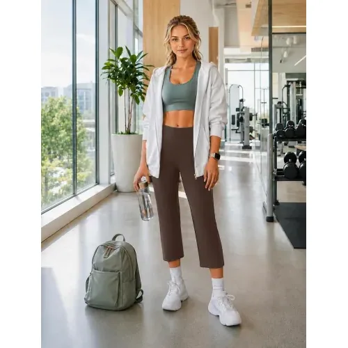 DLOODA High Waist Yoga Cropped Capri Pants with Pockets, Brown, view 6