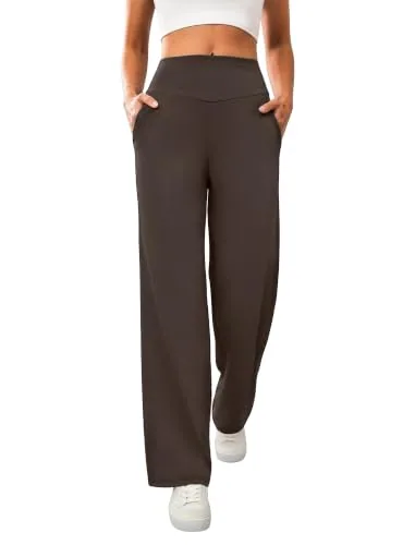 DLOODA High Waist Yoga Wide Leg Pants with Pockets, Brown