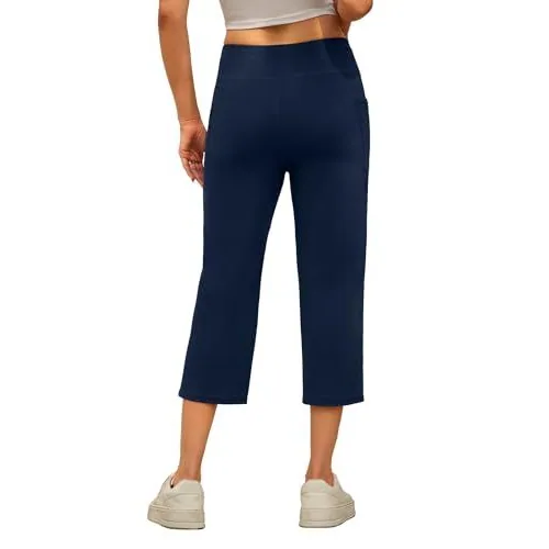 DLOODA High Waist Yoga Cropped Capri Pants with Pockets, Navy, view 2