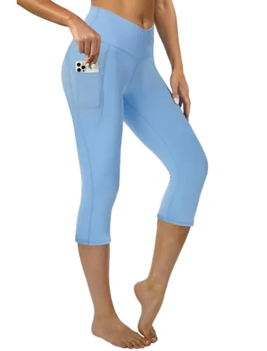 DLOODA High Waist Yoga Capri Leggings, Light Blue