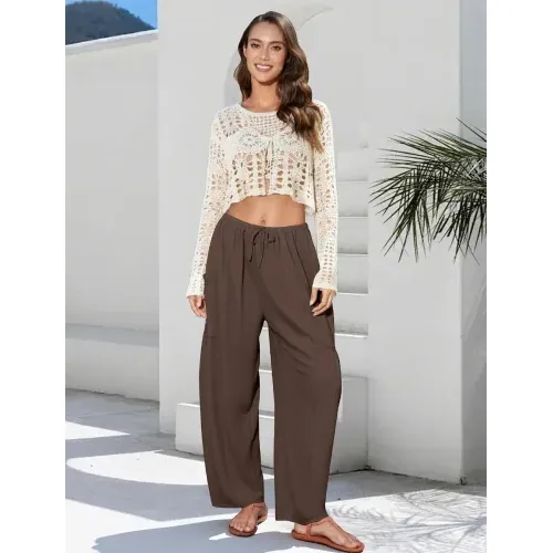 DLOODA Work Flowy Palazzo Pants with Pockets, Coffee, view 5