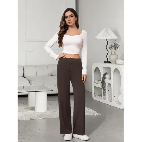 DLOODA High Waist Lounge Flowy Wide Leg Pants with Pockets, Brown, view 3