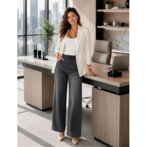 DLOODA High Waist Denim Wide Leg Jeans, Dark Grey, view 3