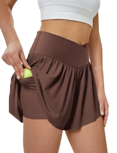 DLOODA High Waist Yoga Flowy Shorts with Pockets, Brown