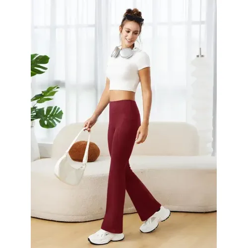DLOODA High Waist Yoga Flare Leggings with Pockets, Burgundy, view 4
