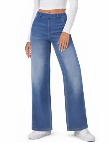 DLOODA High Waist Lounge Wide Leg Jeans, Medium Blue