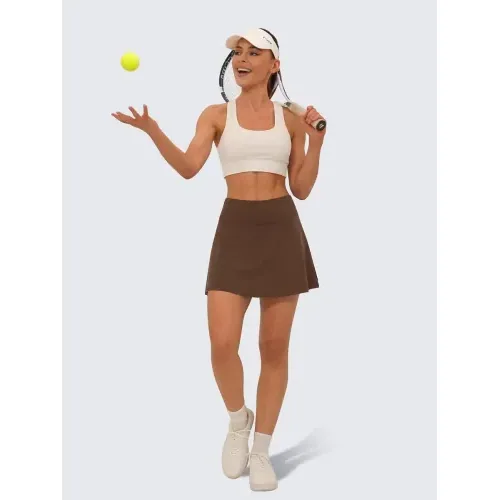 DLOODA Pleated Tennis Skirt with Pockets, Brown, view 5