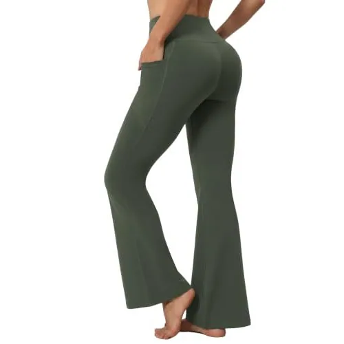 DLOODA High Waist Yoga Flare Leggings with Pockets, Army Green, view 2