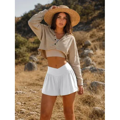 DLOODA High Waist Yoga Flowy Shorts with Pockets, White, view 4
