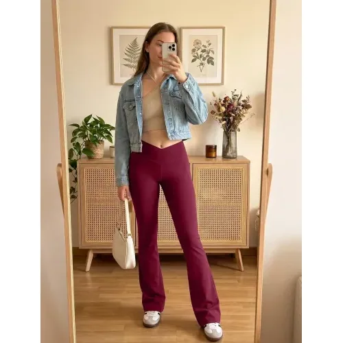 DLOODA High Waist Yoga Flare Leggings Crossover, with Pockets, Burgundy, view 3
