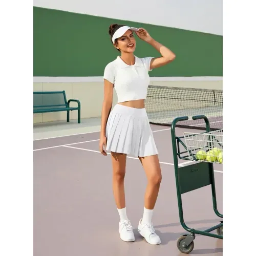 DLOODA High Waist Tennis Pleated Skort with Pockets, White, view 3