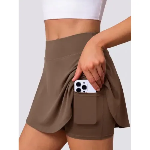 DLOODA Pleated Tennis Skirt with Pockets, Brown, view 3