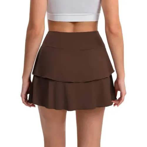 DLOODA High Waist Tennis Double Ruffle Skort with Pockets, Brown, view 2