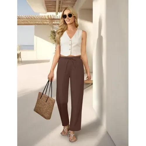 DLOODA High Waist Work Linen Dress Pants, Brown, view 4