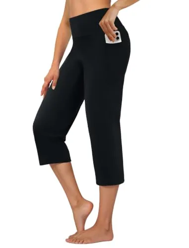 DLOODA High Waist Yoga Cropped Capri Pants with Pockets, Black