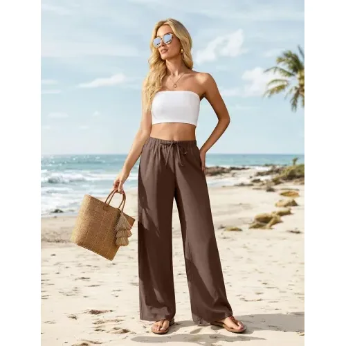 DLOODA High Waist Work Linen Palazzo Pants, Brown, view 3
