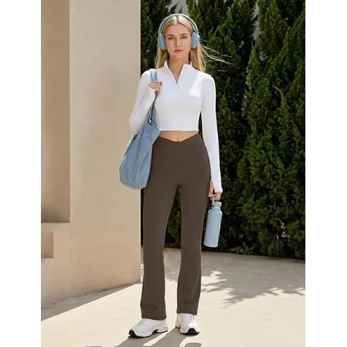 DLOODA Crossover Yoga Flare Leggings Seamless Front, with Pockets, Brown, view 5