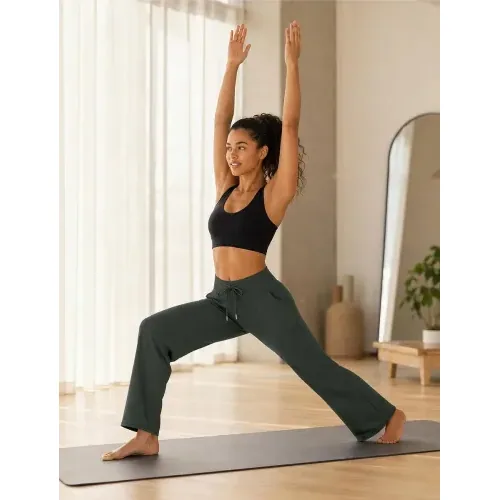 DLOODA High Waist Yoga Wide Leg Pants with Pockets, Olive Green, view 3