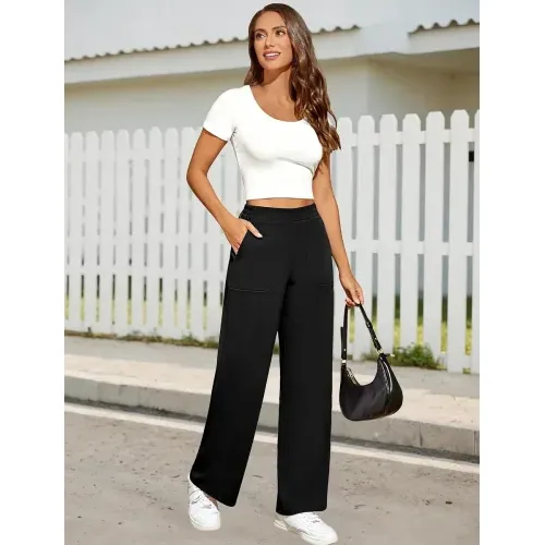 DLOODA High Waist Work Wide Leg Pants with Pockets, Black, view 5