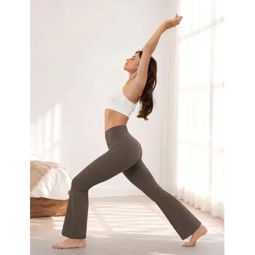 DLOODA High Waist Yoga Flare Leggings with Pockets, Brown, view 4