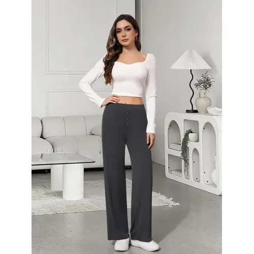DLOODA High Waist Lounge Flowy Wide Leg Pants with Pockets, Dark Grey, view 3