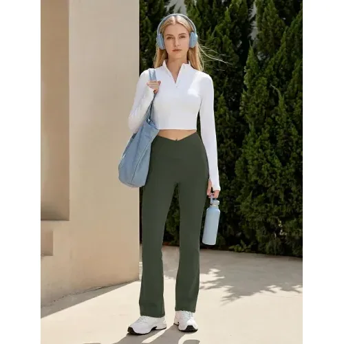 DLOODA Crossover Yoga Flare Leggings Seamless Front, with Pockets, Army Green, view 6