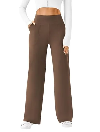 DLOODA High Waist Yoga Wide Leg Pants with Pockets, Brown