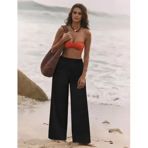 DLOODA High Waist Linen Palazzo Pants with Pockets, Black, view 3