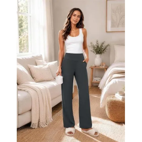 DLOODA High Waist Yoga Wide Leg Pants with Pockets, Grey, view 4