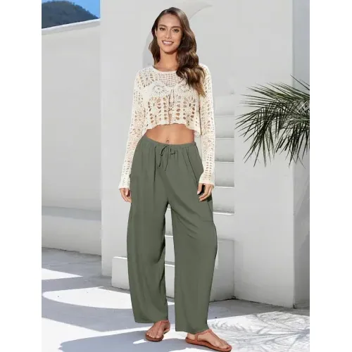 DLOODA Work Flowy Palazzo Pants with Pockets, Army Green, view 5