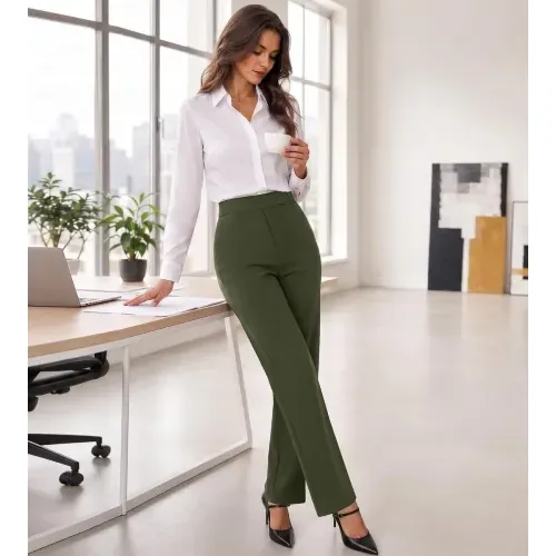 DLOODA High Waist Work Straight Leg Pants with Pockets, Army Green, view 3