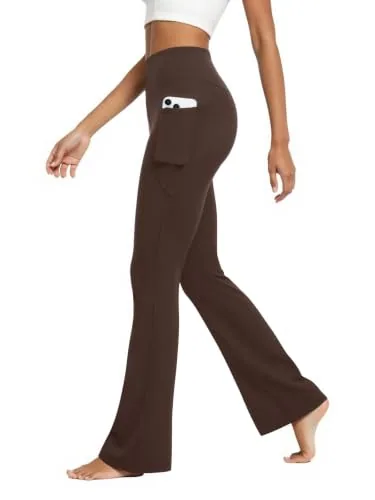 DLOODA High Waist Yoga Flare Leggings with Pockets, Brown