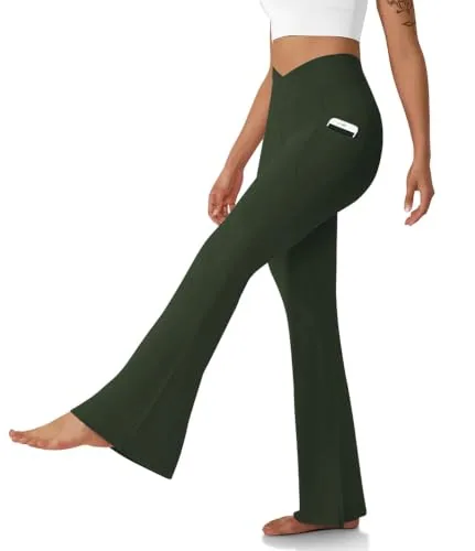 DLOODA High Waist Yoga Flare Leggings Crossover, with Pockets, Army Green